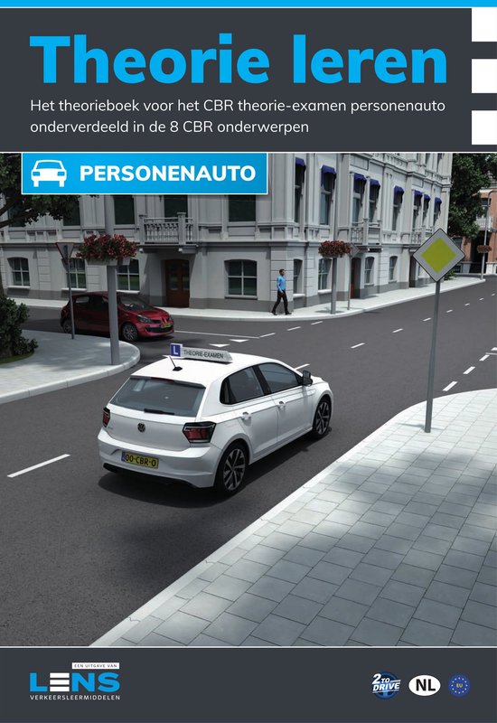 Theorieboek 'Theorie leren' met witte auto voor CBR theorie-examen personenauto.