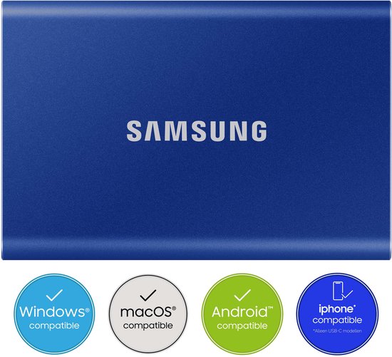Samsung Portable T7 - Externe SSD - USB C 3.2 - Inclusief USB C en USB A kabel - Geschikt voor iPhone USB C - 1 TB - Blauw