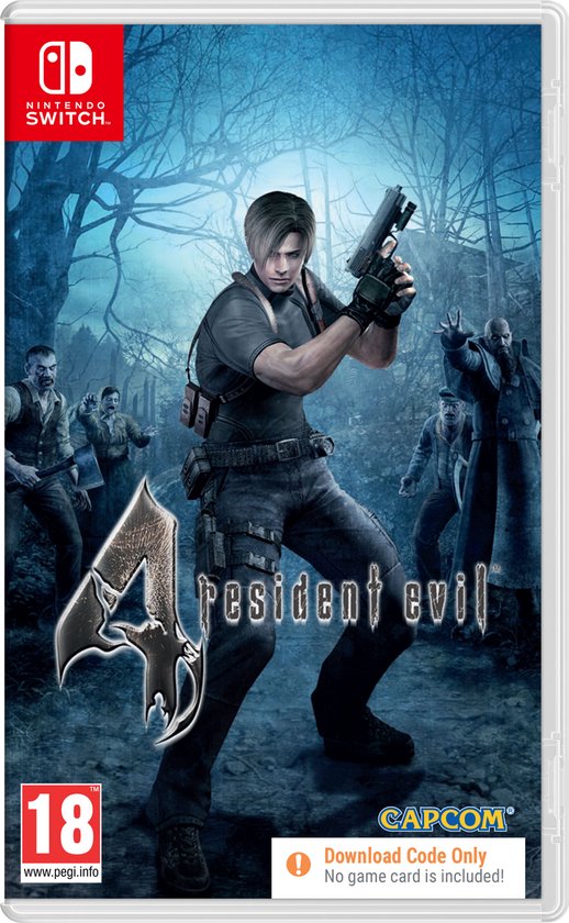 Resident Evil 4 cover art met Leon met een pistool, omringd door zombie-achtige figuren. PEGI 18.