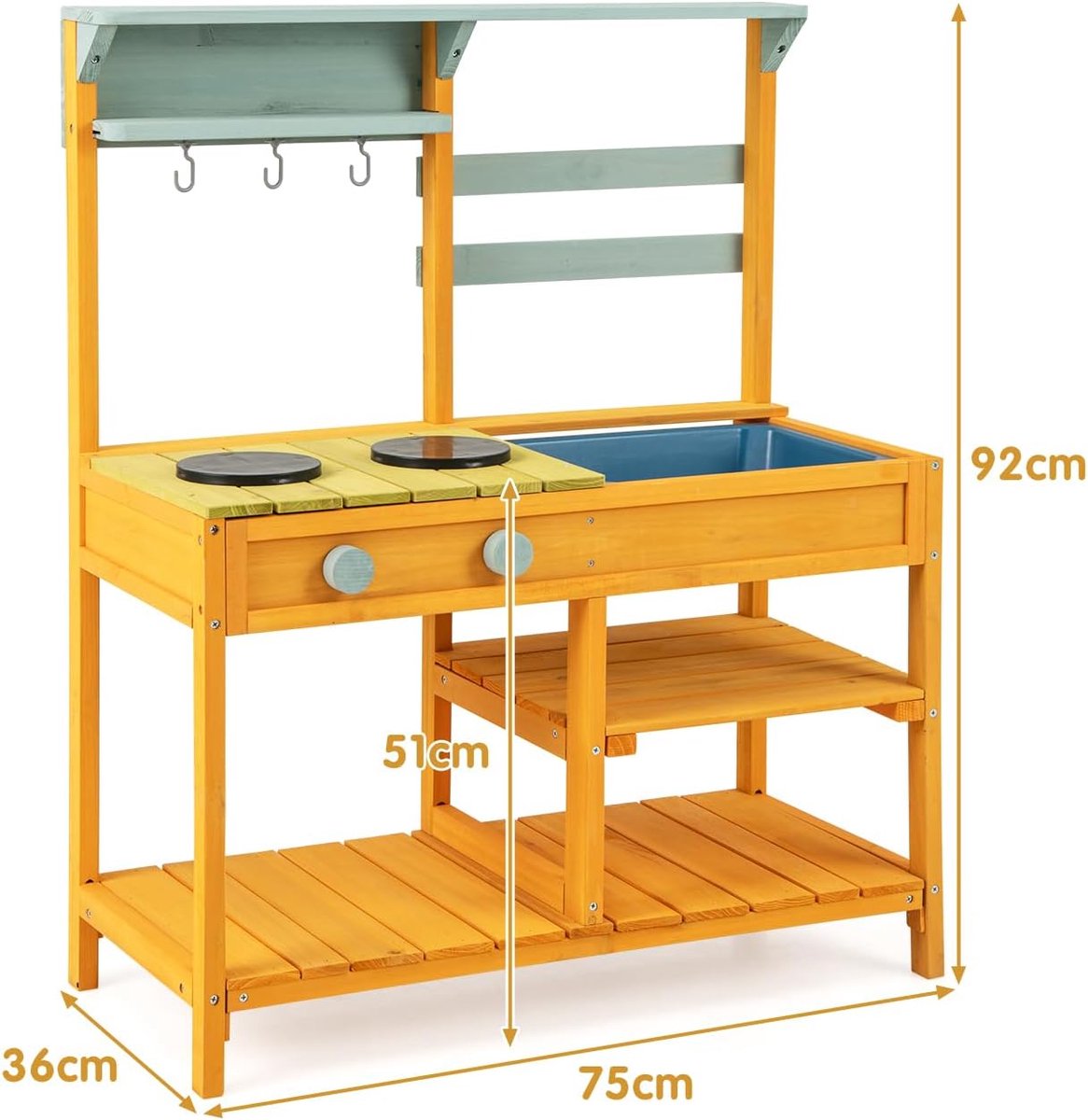 KOMFOTTEU Modderkeuken voor kinderen - buitenkeuken van hout - met afneembare spoelbak en 3 haken om op te hangen - buitenkeuken - buiten speelkeuken - met opbergruimte voor de tuin - voor jongens en meisjes vanaf 3 jaar — afbeelding 3