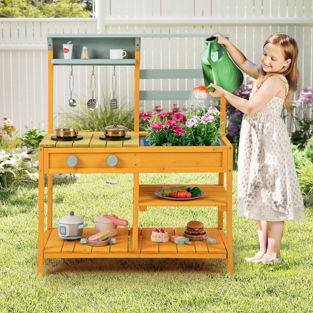 KOMFOTTEU Modderkeuken voor kinderen - buitenkeuken van hout - met afneembare spoelbak en 3 haken om op te hangen - buitenkeuken - buiten speelkeuken - met opbergruimte voor de tuin - voor jongens en meisjes vanaf 3 jaar — afbeelding 2