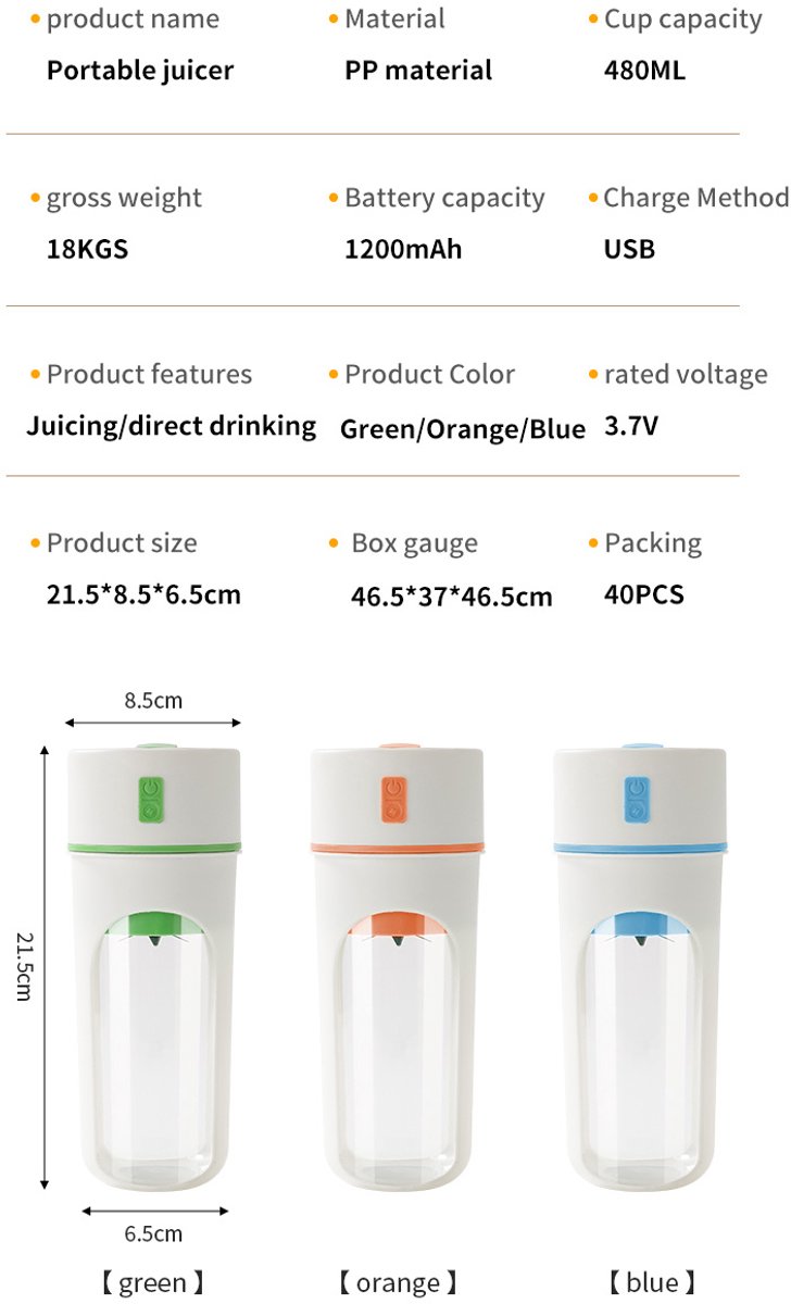 Slowjuicer - sapcentrifuge - draagbare juicer - mini smoothie maker - USB oplaadbaar - ingebouwde batterij 1200 mAh - 300 ml beker - 18.000-20.000 rpm - meer dan 5 messen - ≤36V - roze - zonder draagkoord thumbnail 6