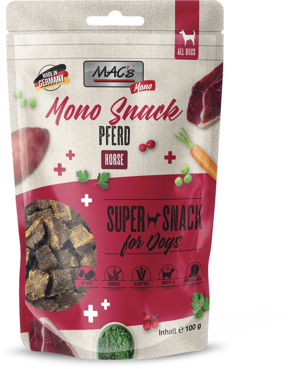 Hondensnacks MACs Mono eiwit bron - 80% Paardenvlees - extreem lekker - ook geschikt voor gevoelige honden 9 zakjes a 100g