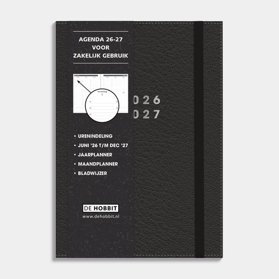 Hobbit Zakenagenda 2026-2027 - Afsprakenagenda A5 (14,8 x 21 cm) - Tijdindeling per uur - 1 week over 2 pagina's Flexibele Kaft - Zwart Lederlook