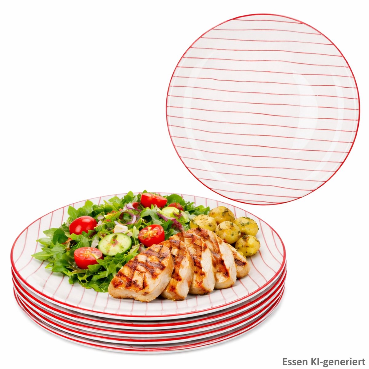 6-delig servies van rood gestreept aardewerk voor 6 personen - 23010402