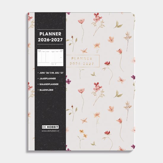 Hobbit - Weekplanner - 2026-2027 - 1 week op 2 pagina's - Wash Kraft - Flexibele Kaft - ±A4 (26,5 x 20,4 cm) - Aquarel Bloemetjes