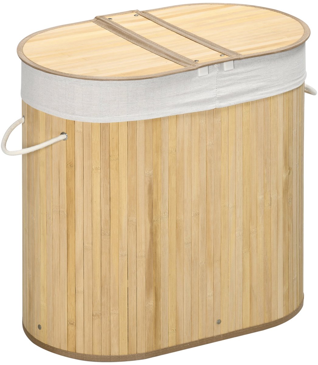 Merax Wasmand Met Deksel - Wasmand Met 2 Vakken - Uitneembare Waszak - Bamboe Wasbox Voor Wasgoed Sorteren - Wasmand Voor Badkamer Slaapkamer Wasruimte - 62,5 x 37 x 60,5 cm - 100 Liter