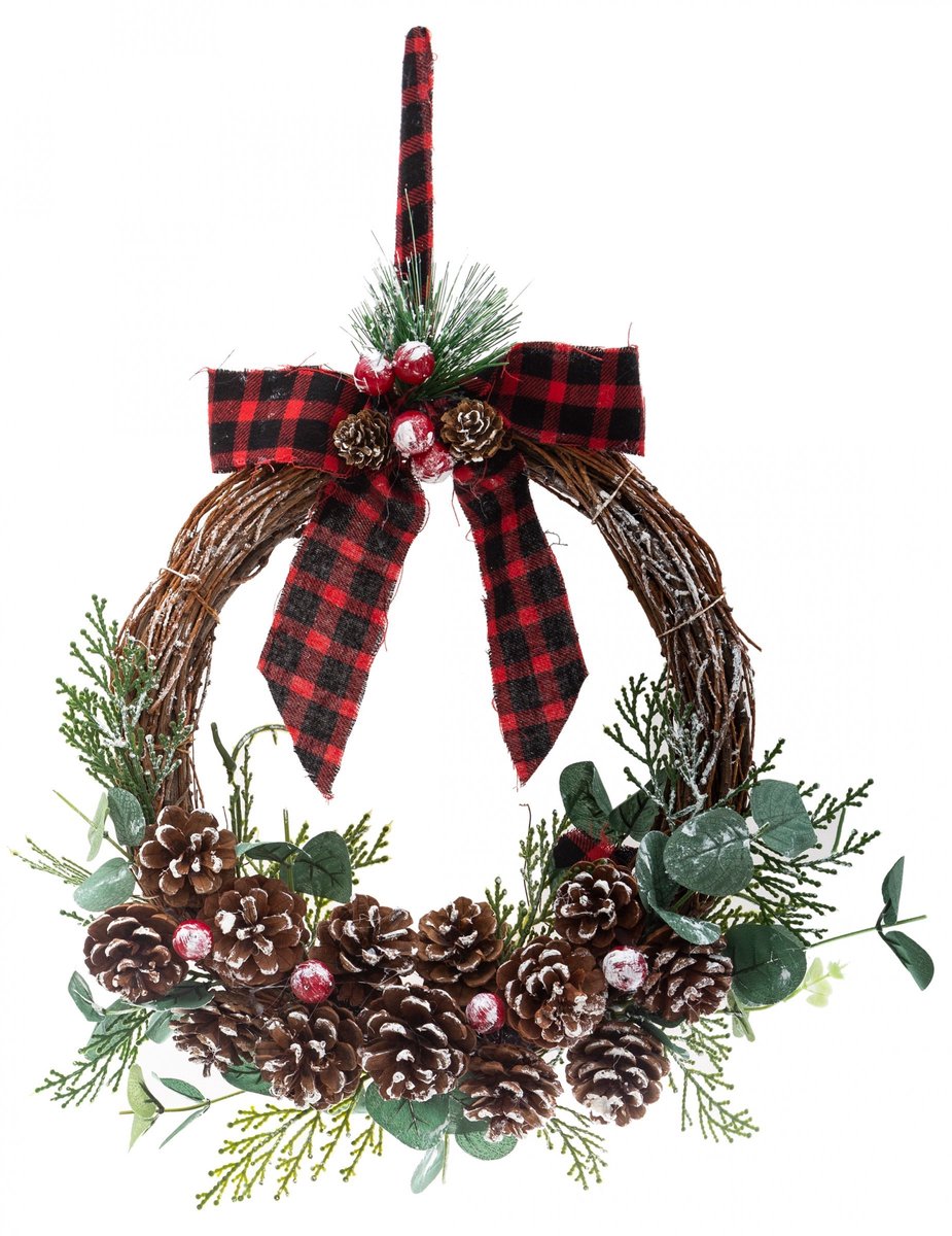 JJA - Hangende krans tartan strik en dennenappels 40 cm, eucalyptus en bessen