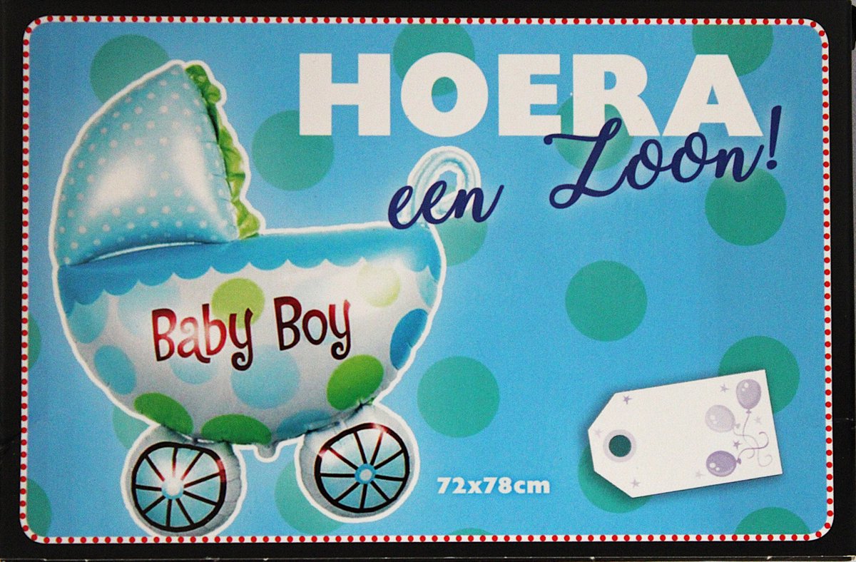 Folieballon Geboorte Zoon - Folie Ballon - Hoera Een Zoon - Baby Boy - Kinderwagen - 72X78cm - Met Kadolabel