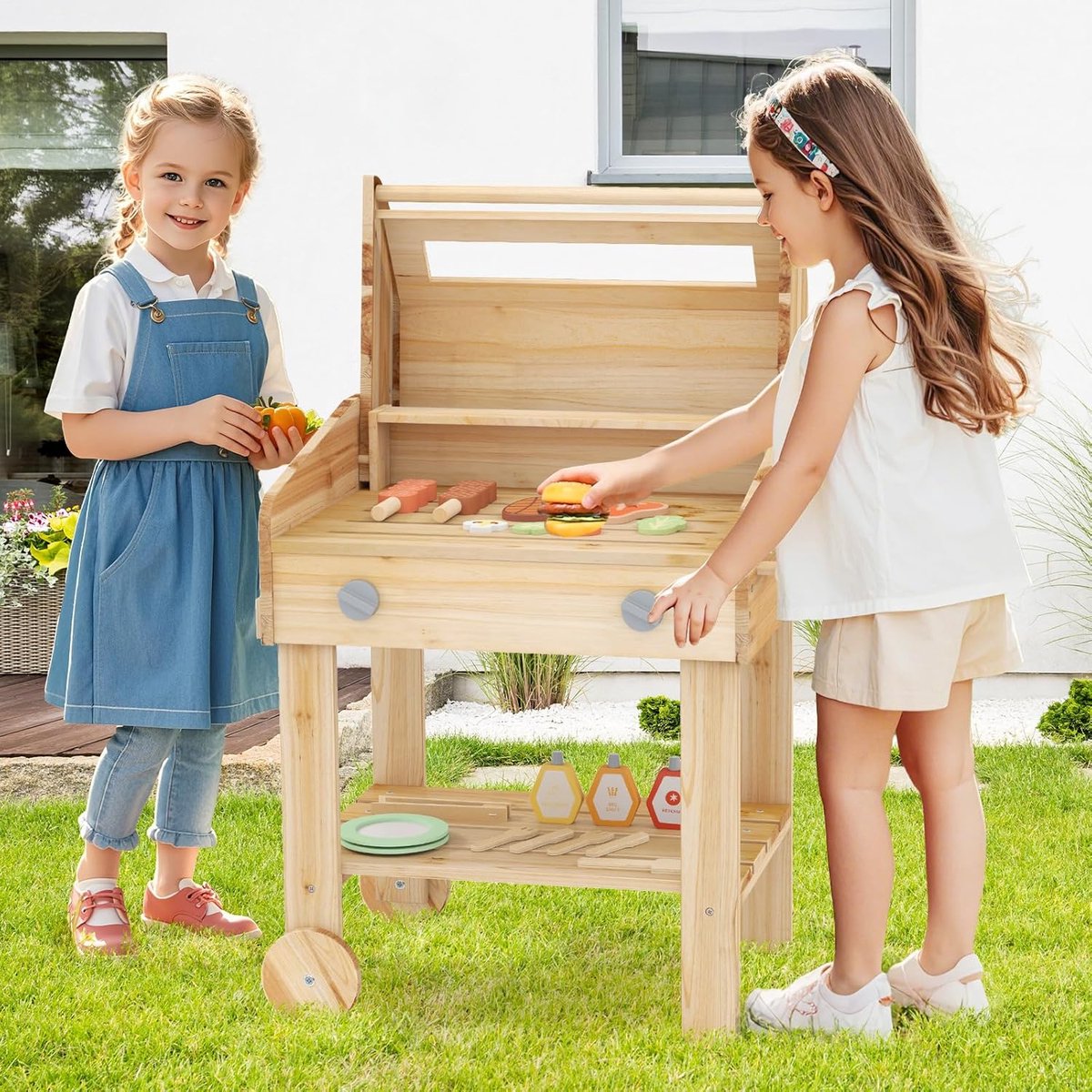 KOMFOTTEU Modderkeuken Houten - barbecue voor kinderen - BBQ-set - met speelgoedvoedsel - voor binnen/buiten - buitenkeuken voor kinderen vanaf 3 jaar — afbeelding 2