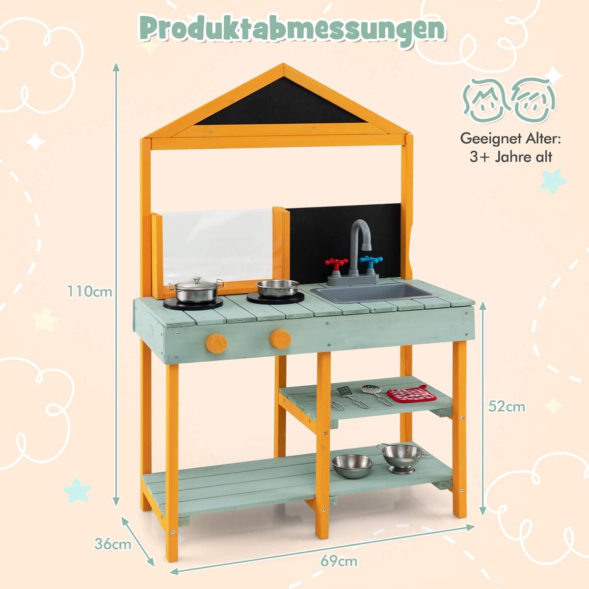 KOMFOTTEU Modderkeuken voor kinderen - buiten speelkeuken - kinderkeuken van hout met 2 borden, plantenbak, draaibare kraan, afneembare wastafel, 2 planken en kookgerei - buitenkeuken - voor kinderen vanaf 3 jaar — afbeelding 2