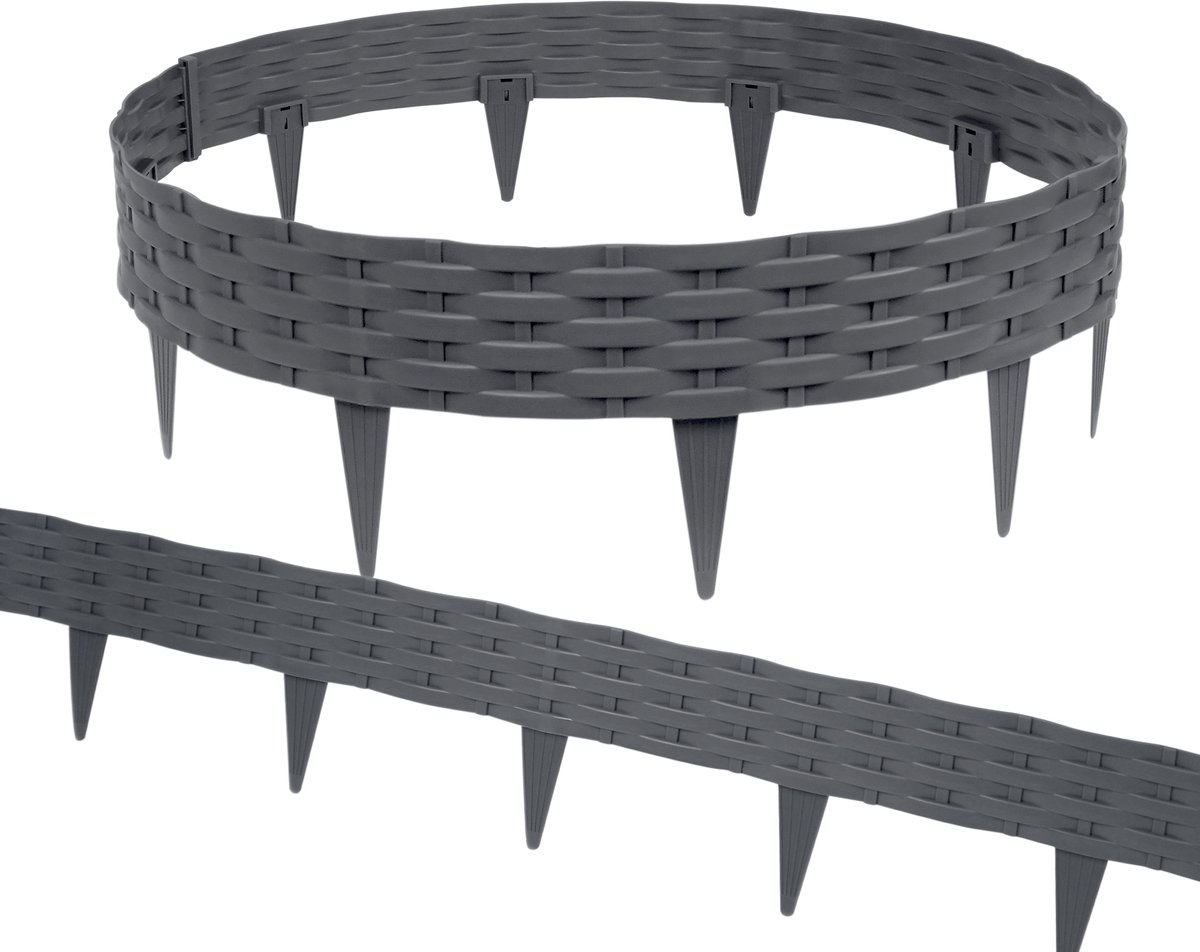 Aufun Biegbare rattanlook graszegel - 10 m - 10 stuks van 100 cm - kunststof beetrand voor tuin - antraciet