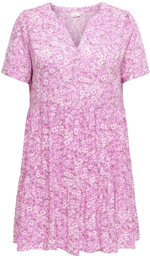 Robe rose à manches courtes, encolure en V et volants, avec imprimé floral.