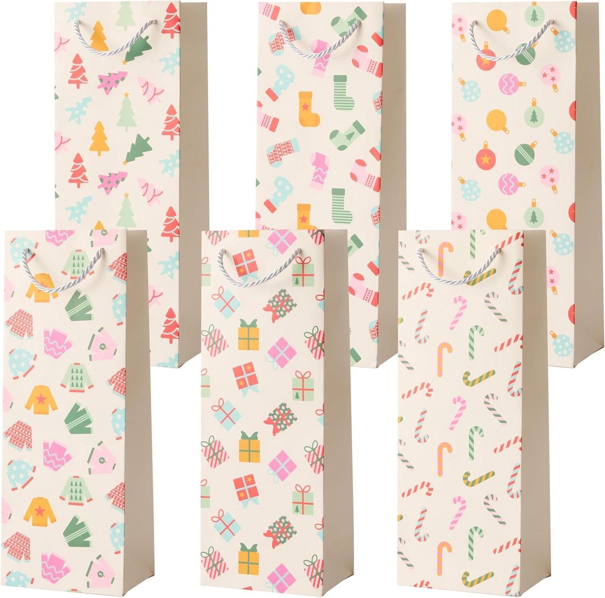 Kerstwijnzakken set van 6 in feestelijke designs met touwgrepen, cadeauzakjes voor wijn - 35cm x 13cm