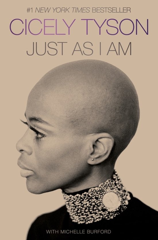 Boekomslag van 'Just As I Am' met een profiel van Cicely Tyson. Ze draagt een opvallende, bewerkte ketting.