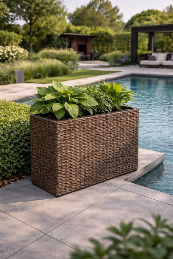 Fameilleur 3-in-1 Rattan Plantenbak met 3 Binnenpotten – Luxe Donkerbruine Rotanlook Bloembak / Bloempot voor Binnen en Buiten – Grote Rechthoekige Polyrattan Plantenbak- Weerbestendige & UV-Bestendige Balkonbak voor Balkon, Terras, Tuin, Patio