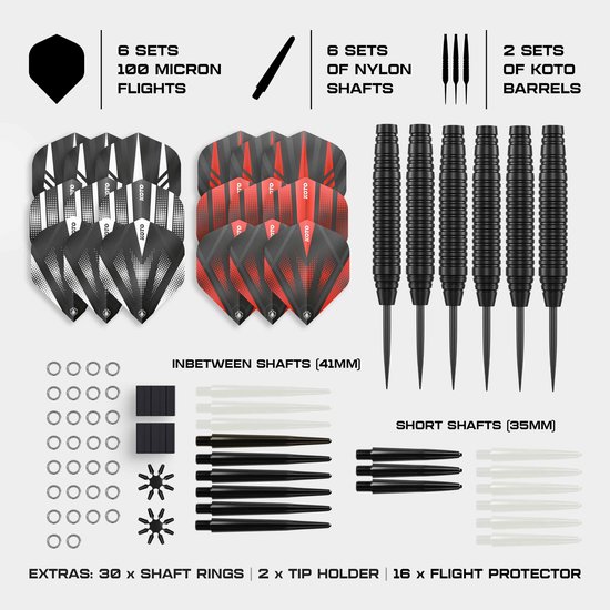 KOTO Dartpijl Set 23 Gram, darts metalen tip, Steel Darts Met 18 stuks shafts & 18 stuks flights, 16 stuks flight beschermers, 30 stuks O-ringen & 2 stuks tip houder van KOTO — afbeelding 4