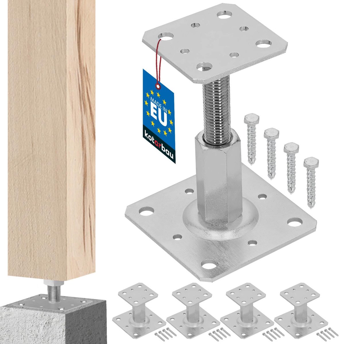 KOTARBAU® 4 stuks Paalhouder, Gegalvaniseerd Staal, 80 x 80 mm, Zilver, Verstelbare Paalvoet, Regelbare Paalhouder, 90-150 mm, Paalsteun, Schroefanker, Paaldrager met Schroefdraad