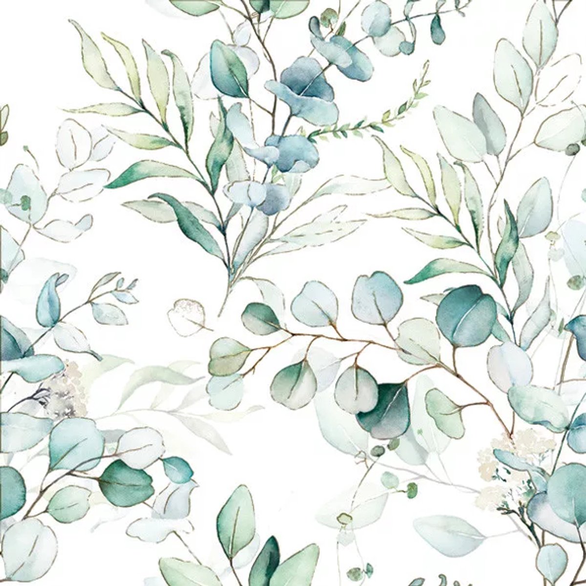 40 Servetten - Eucalyptus Takken op een witte achtergrond - Groen - Blauw - Wit - Cocktail (Klein) Formaat - 25 x 25 cm - 3-Laags - Maki