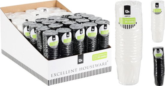 Doos met 20-packs transparante en zwarte plastic bekers, 20 stuks per pak.
