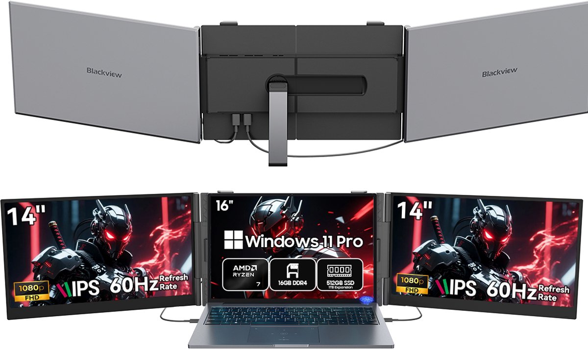 Blackview GamiBook8 Gaming Laptop (AMD Ryzen7 7735HS/16G/512G) + DCM6 14" Dubbele Draagbare Monitor Set, Efficiënt Multitask Accessoires (Laptop Tas/Muis/Toetsenbordstickers, Grijs)