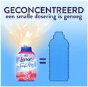 Fles Lenor "Fresh Air" wasverzachter naast een lege flesvorm. Tekst: "Geconcentreerd, een smalle dosering is genoeg".