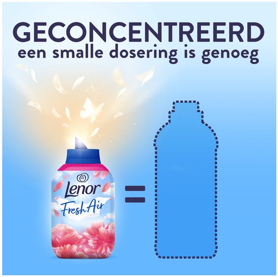 Fles Lenor "Fresh Air" wasverzachter naast een lege flesvorm. Tekst: "Geconcentreerd, een smalle dosering is genoeg".