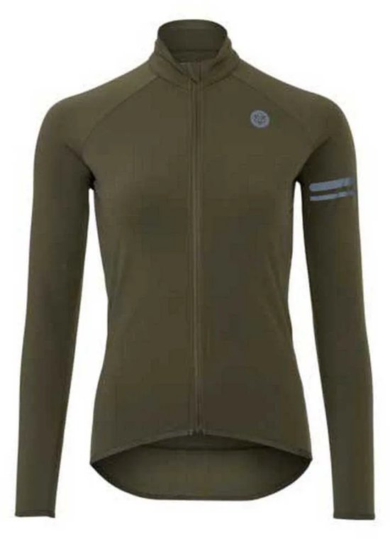 Groen fietsshirt met lange mouwen, rits en reflecterende strepen op de mouw.