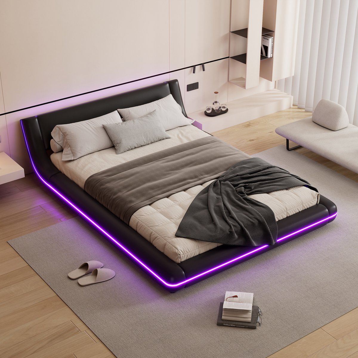 STILVORA Vloerbed 140x200cm – Bedframe Met Kleurrijke Ledverlichting – App- Of Afstandsbediening – Zonder Matras – Pu – Zwart