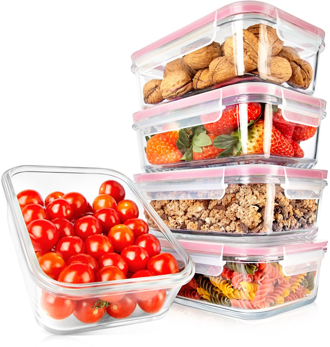 NutriChef Glazen Vershoudbakjes – 5-delige set en 5 luchtdichte klikdeksels- 863 Gram Bewaarbakjes - BPA vrij - Rood
