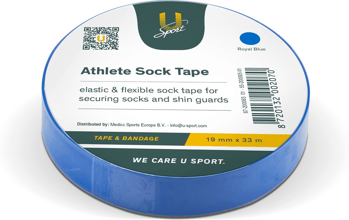 U-Sport Athlete Sock Tape - Sokkentape - Elastisch & Waterbestendig - Fixatie Scheenbeschermers - FIFA/KNVB goedgekeurd - 1 Stuks - Royal Blauw