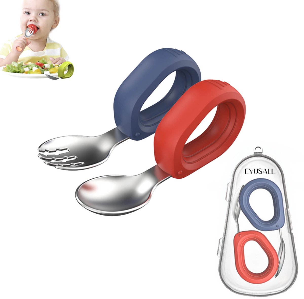 EYUSALL RVS Kinderbestek - Set - Vork & Lepel - 2 Stuks - Voedselveilig - BPA-vrij - Stofvrije Opbergdoos