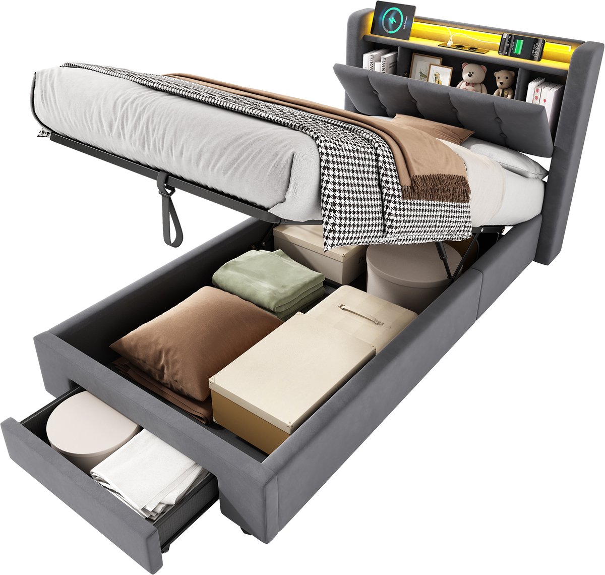 MODFU Gestoffeerd Bed met LED & Hydrauliek 90x190 cm – USB & lade – Fluweel donkergrijs – Incl. lattenbodem – Tienerkamer