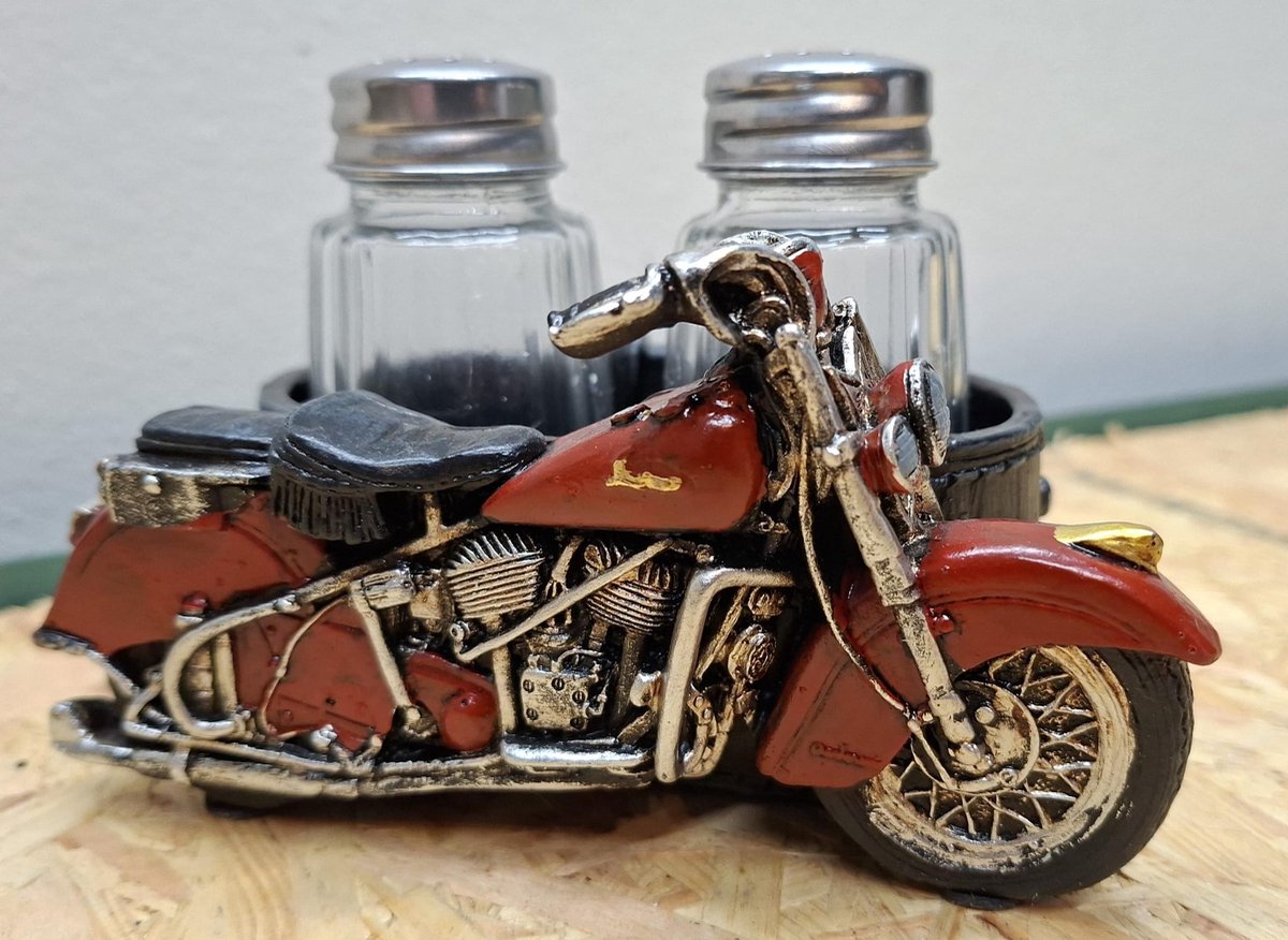Motor Zijspan Peper en zout stel - peper en zoutstel - 9cm hoog - polyresin - polystone - peper - zout - biker - Decoratie - Woonaccessoires - Beeld