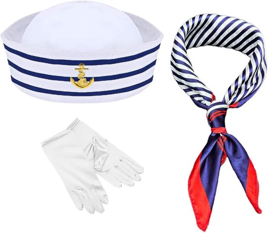 Matrozenmuts en sjaal set - Blauw-wit gestreept - Marine outfit voor cosplay, feesten, carnaval