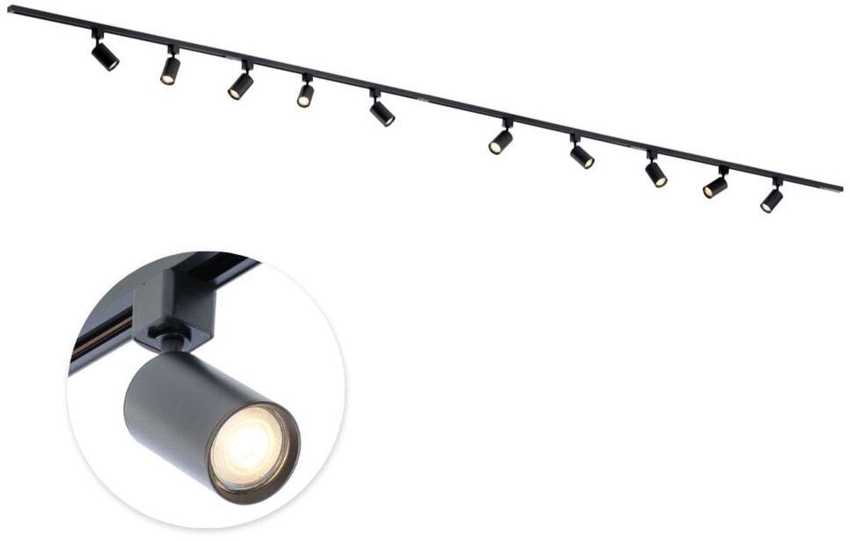 Qub Focus Railverlichting - Zwart - 600 cm - I-Vorm - 10x GU10 Spots - Dimbaar - Complete Set