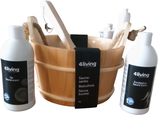 Saunaset Houten Emmer 4L + Scheplepel + Eucalyptus Opgiet - Well2Wellness Sauna Accessoires