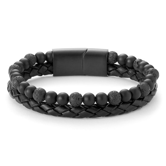 Dubbele armband met zwarte gevlochten lederen band en kralen van zwarte lavasteen en mat zwart, met zwarte gespsluiting.