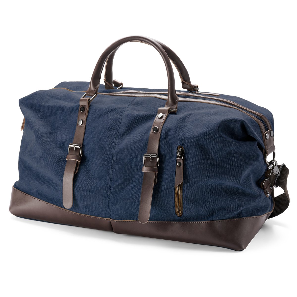 Weekendtas van denimblauw canvas en bruin leer