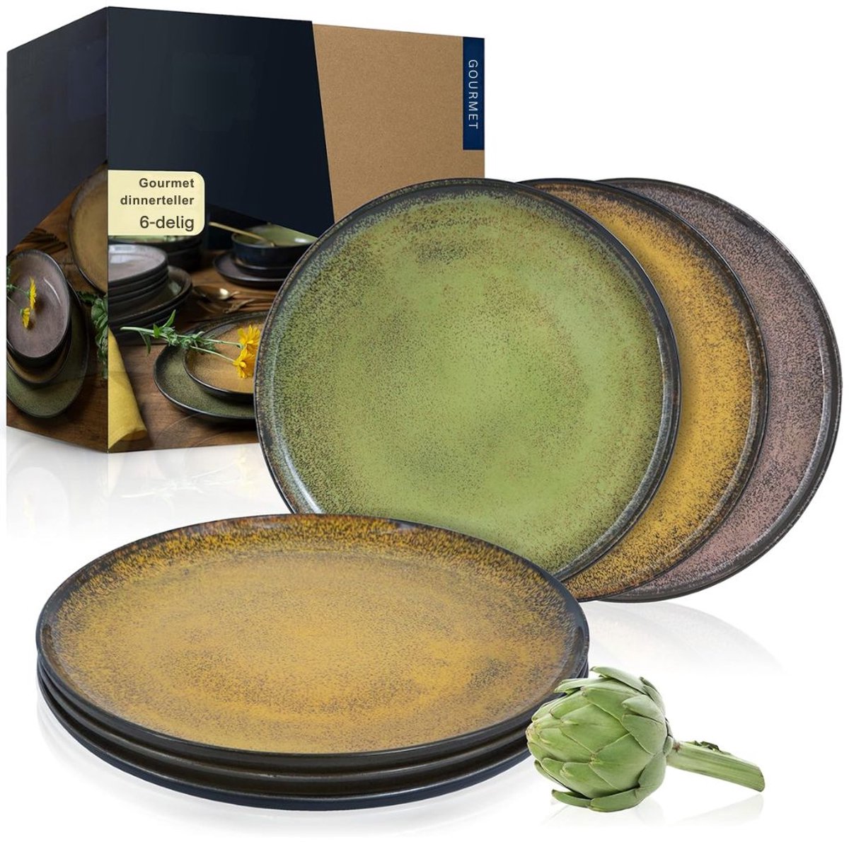 SNJY® Bordenset 6 Persoons - Serviesset 6 Persoons - Bordenset - Ø 27 cm - Groen/Geel/Roze