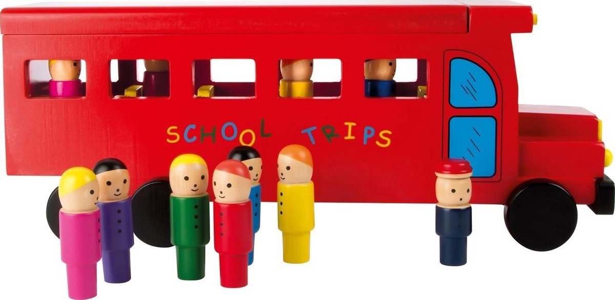 Schoolbus - Speelgoed - Houten Rode School Bus - met Poppetjes - Speelgoedauto - Actiespel - Legler - Soepel Rollende Wielen - Speelgoed voor Kinderen - Educatief Speelgoed - Voertuig voor Kinderen - met Afneembaar Dak - 35 cm - 1.5 kg - Rood