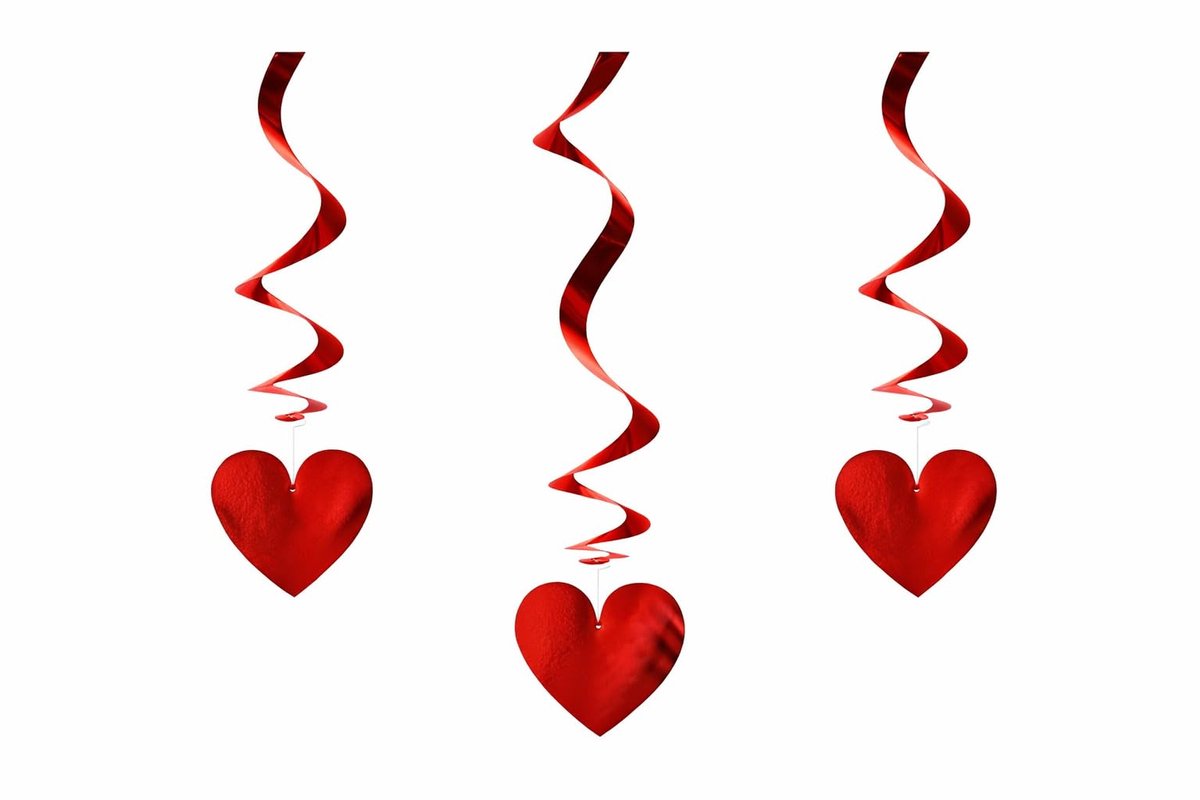 Okado Hartjes Swirl Slingers Rood 60 cm 3 Stuks – Romantische Hangdecoratie voor Valentijn, Jubileum en Bruiloft – Folie & Karton – Voor Binnen