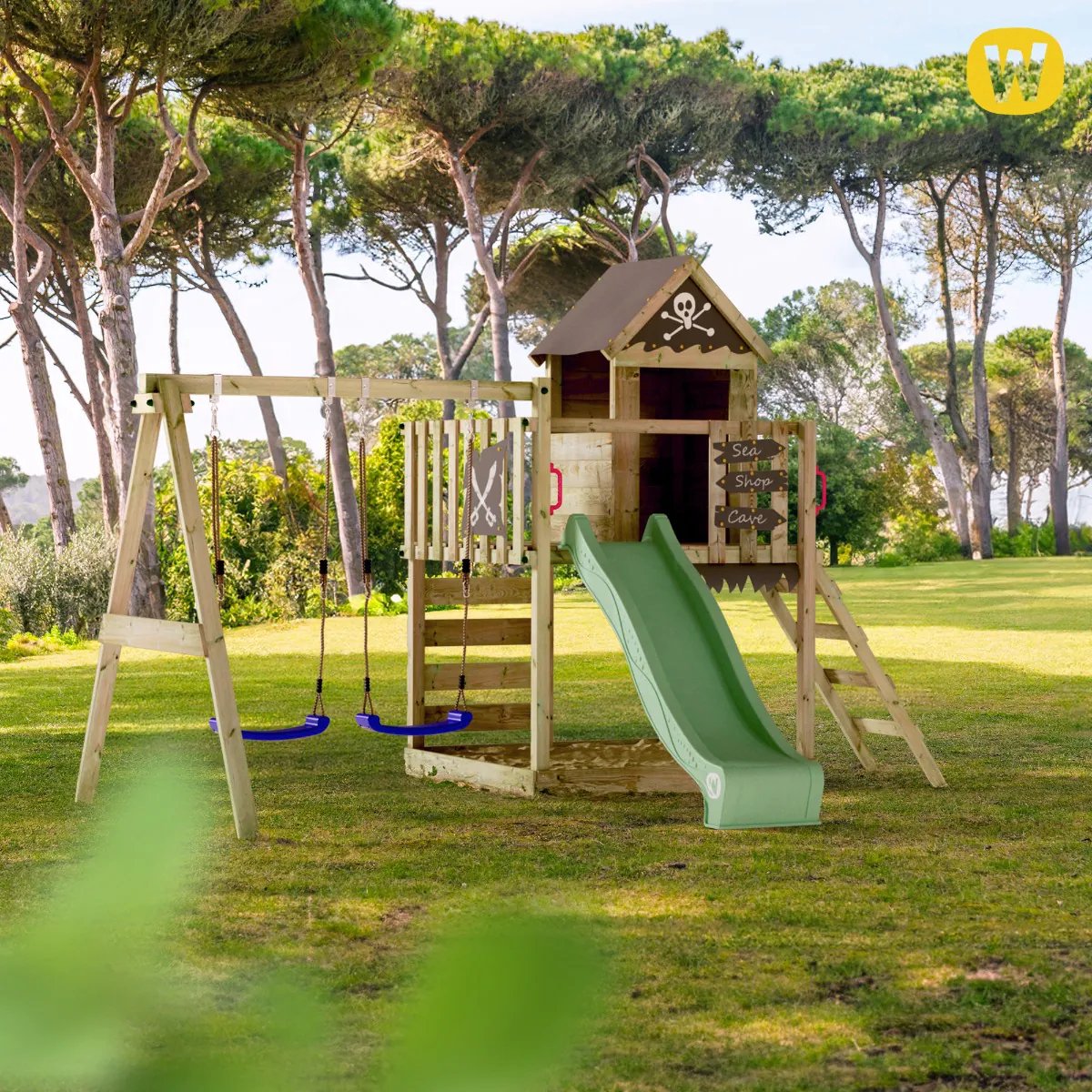 WICKEY speeltoestel klimtoestel Smart Cave met schommel & rode glijbaan, outdoor klimtoren voor kinderen met zandbak, ladder & speelaccessoires voor de tuin — afbeelding 7