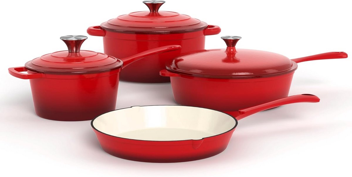 Gietijzeren Pannenset 7-Delig met Dutch Ovens Geëmailleerd Kookgerei Rood
