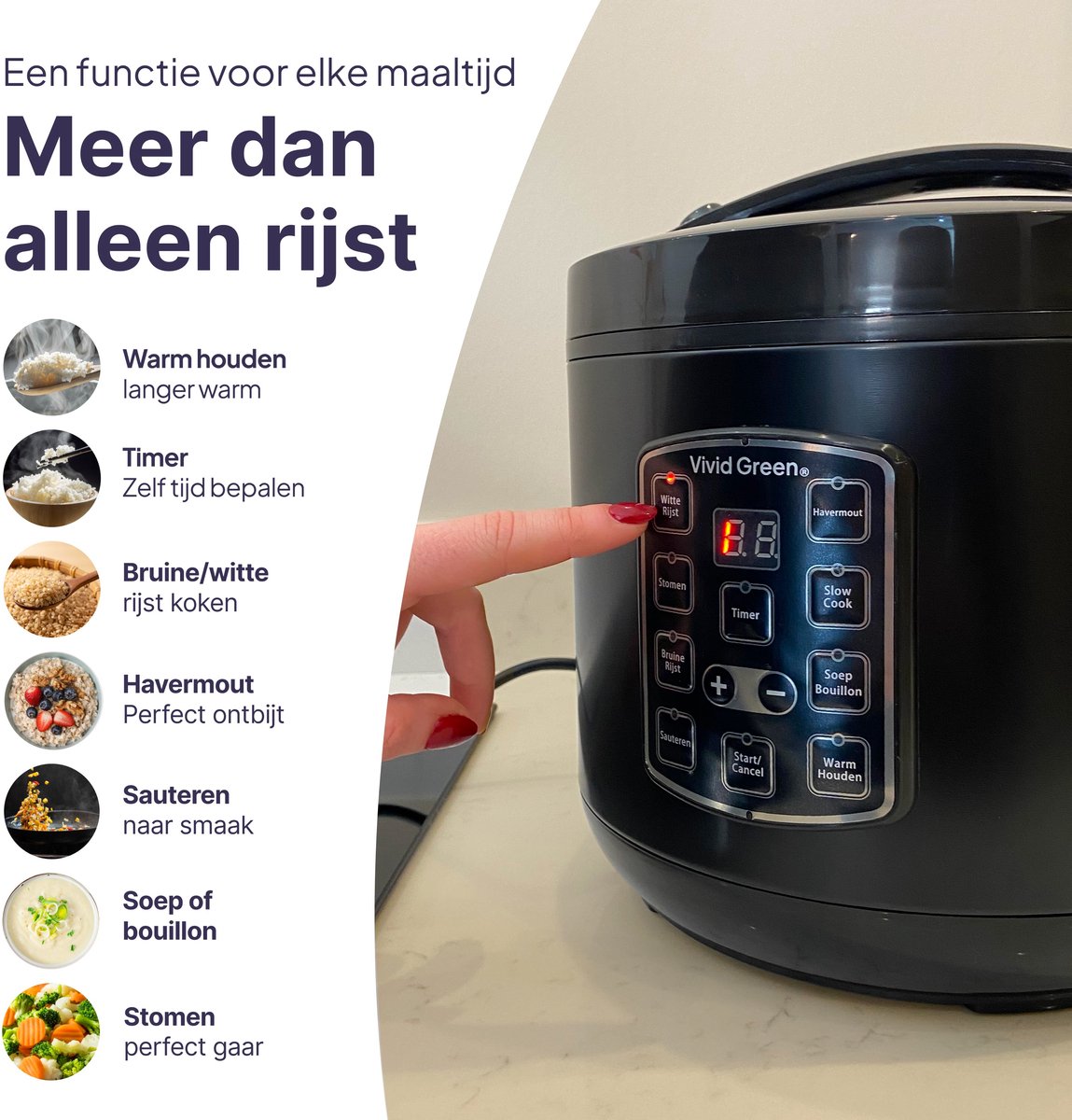Rijstkoker met Stomer - 1.8L - Slowcooker met Timer - 10 Porties - Multicooker - Rice Cooker - Zwart - Vivid Green – foto 5