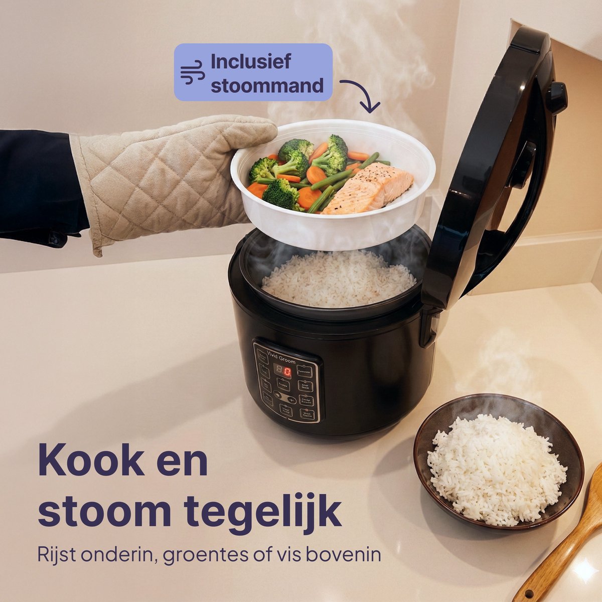 Rijstkoker met Stomer - 1.8L - Slowcooker met Timer - 10 Porties - Multicooker - Rice Cooker - Zwart - Vivid Green – foto 6