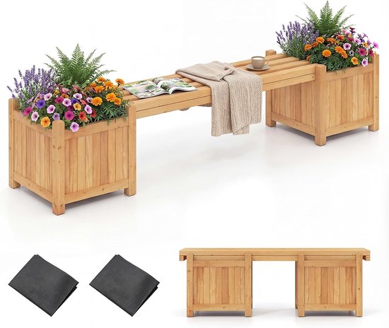 Banc de jardin COSTWAY avec jardinière, banc en bois avec 2 bacs à plantes latéraux, banc de jardin 2 places en bois massif, banc d'extérieur pour jardin, balcon et terrasse (169 x 35 x 35 cm, naturel)