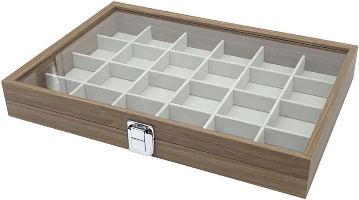 Houten Sieradenlade met 24 Vakken voor Ringen, Oorbellen en Halskettingen