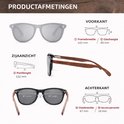 Afmetingen KINGSEVEN zonnebril: breedte montuur 142mm, hoogte glas 49mm, pootlengte 132mm, breedte glas 67mm, neusbrug 16mm.