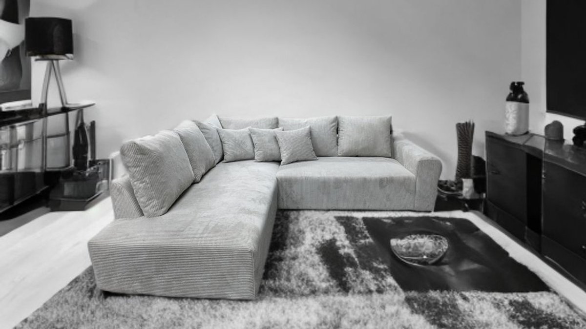 Moderne Hoekbank met Lounge Links – Grijze Ribstof (Corduroy) – Inclusief Kussens – Comfortabele Zit- en Loungebank voor Woonkamer